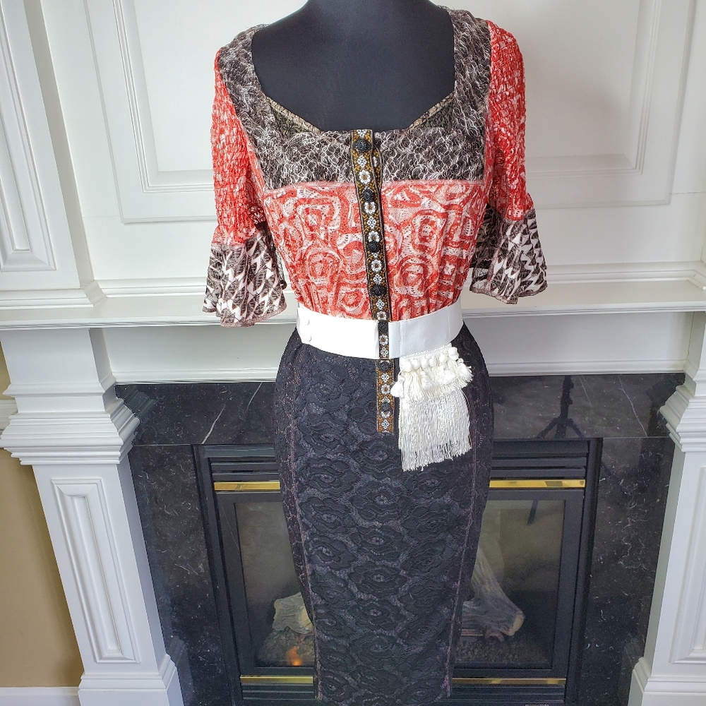Byron Lars Red and Black Lace-Trim Midi Dress with Tassel Belt